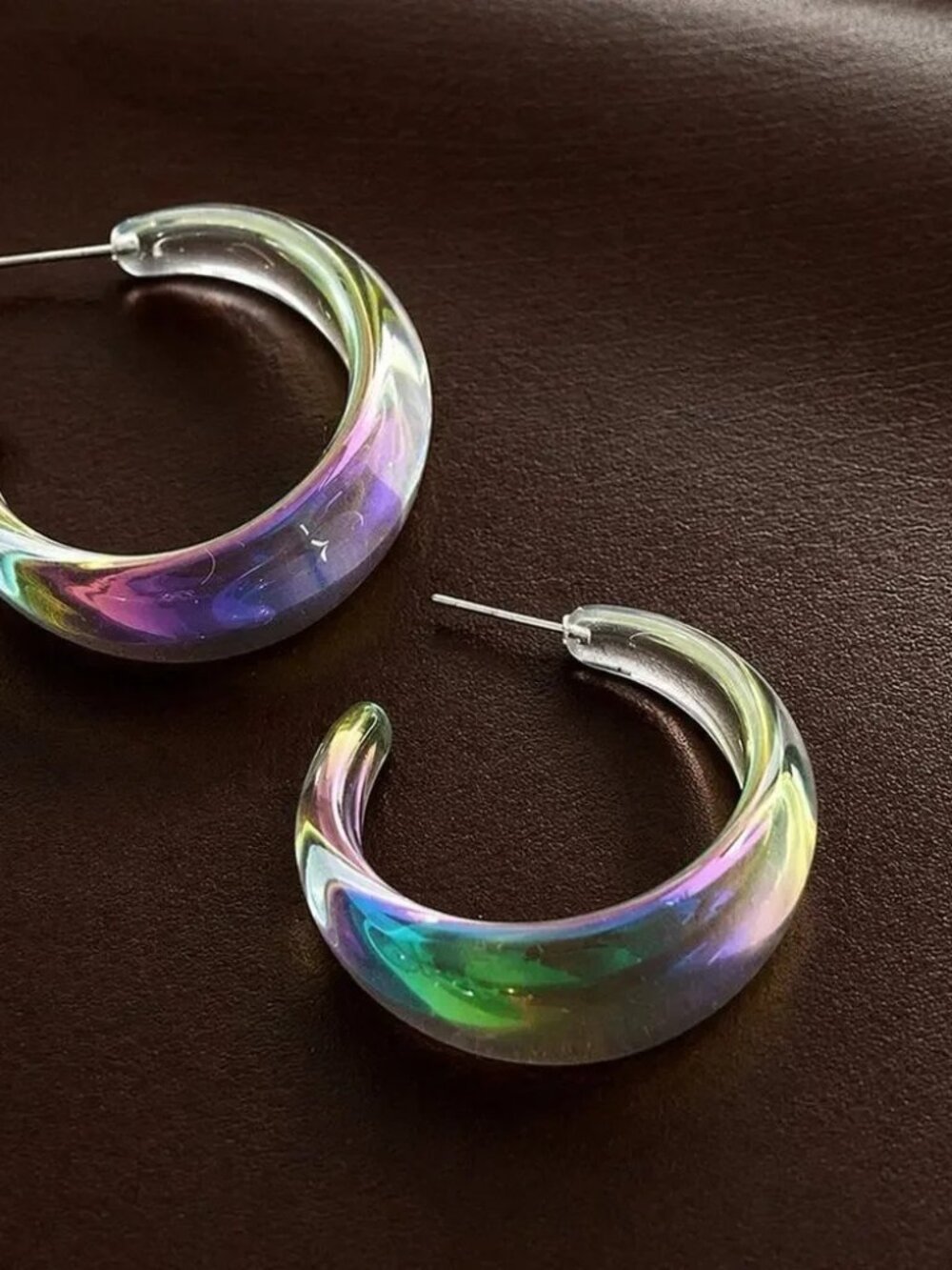 Clear Iridescent Hoop Earrings Holographic Lucite Retro Y2K Stud Statement Boho